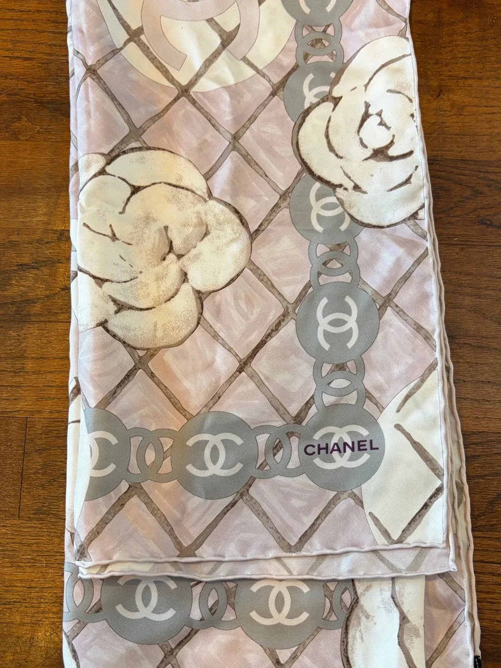 CHANEL Blush and Gray Camellia CC Logo Square Scarf NWOT 90 cm